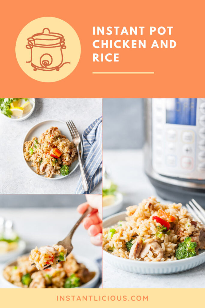 Instant Pot Chicken and Rice is a complete meal cooked together. Easy and delicious for weeknight dinner. Using parboiled rice is great for meal prepping as the grains keep separate even after reheating | instantlicious.com #instantpot #instantpotchicken #chickenandrice