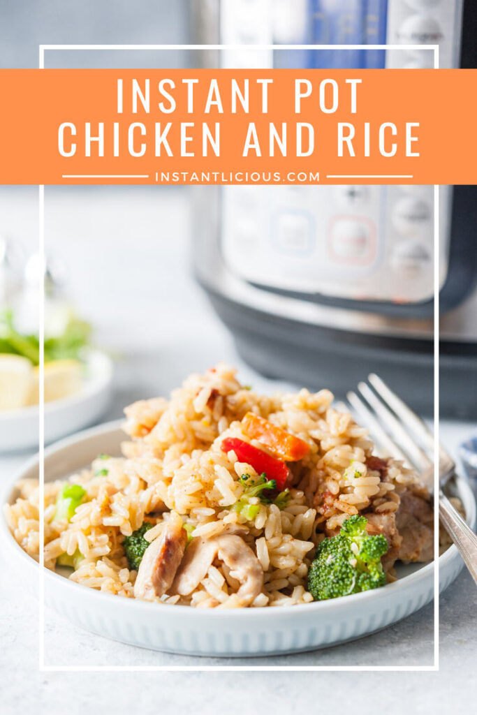 Instant Pot Chicken and Rice is a complete meal cooked together. Easy and delicious for weeknight dinner. Using parboiled rice is great for meal prepping as the grains keep separate even after reheating | instantlicious.com #instantpot #instantpotchicken #chickenandrice