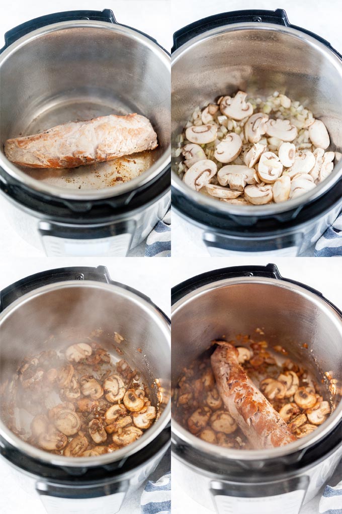 Collage of process photos showing how to make pork tenderloin with mushrooms in Instant Pot.