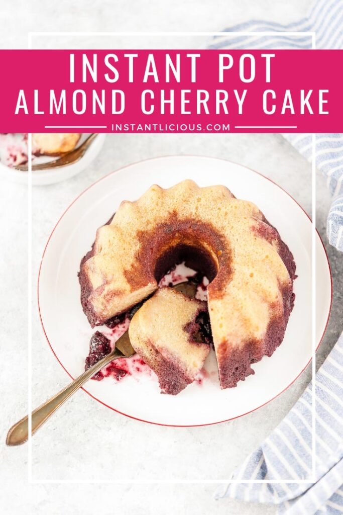 Instant Pot Almond Cherry Cake is delicious, easy to make, and gluten-free. Batter only takes a few minutes to mix together. The cake is soft, sweet, and beautiful | instantlicious.com #instantpot #instantpotcake #almondcake #glutenfreecake