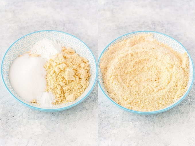 Collage of process photos showing how dry ingredients for almond cake are mixed.