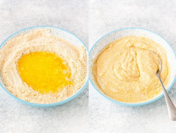 Collage of process photos showing how gluten-free batter for almond cake is mixed.