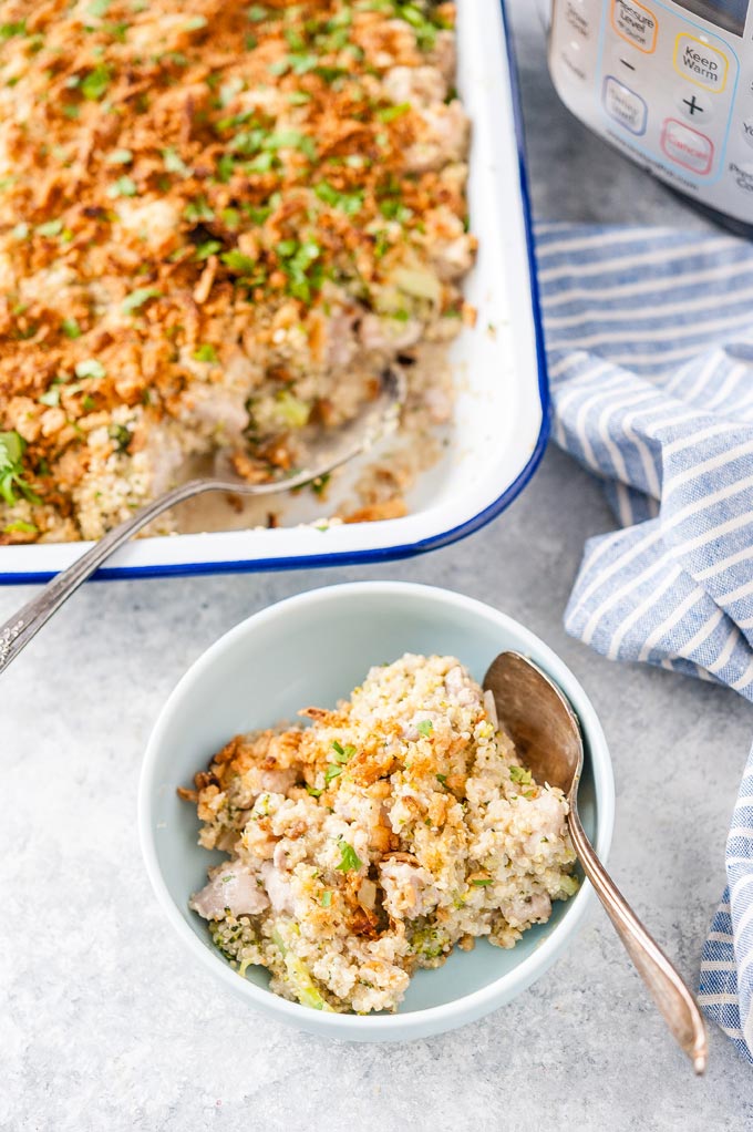 Chicken and Quinoa Casserole in a bowl and pan.