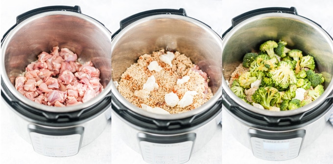 Process photos of showing how to layer Chicken and Quinoa into Instant Pot.