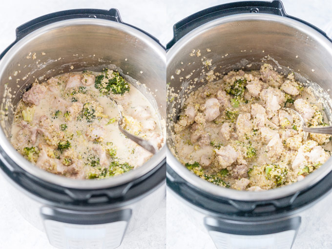 Collage of process photos showing how Chicken and Quinoa recipe looks before and after mixing.